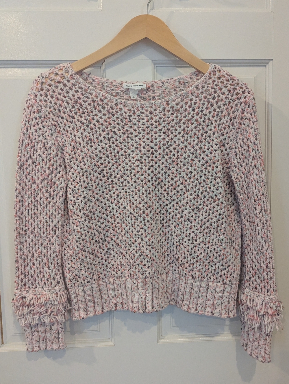 Club Monaco Pink Multicolor Open-Weave Fringe Sweater, Size Small